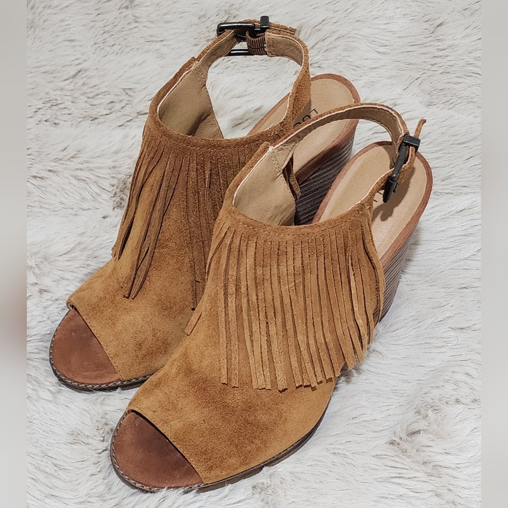 Lucky Brand Fringe Tan Suede Open-Toe Ankle Bootie Sandals, Size 8M